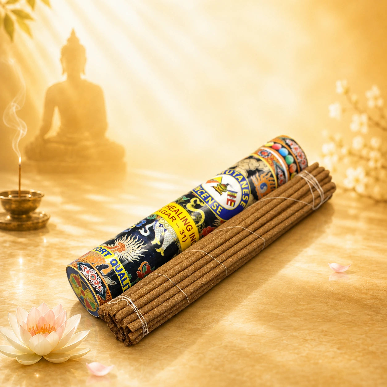 Buddha Healing Incense with Agar-31 cylinder and incense sticks in a peaceful meditation setting
