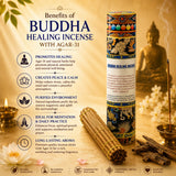 Buddha Healing Incense with Agar-31 showing benefits for relaxation, meditation, peaceful ambience and long-lasting fragrance