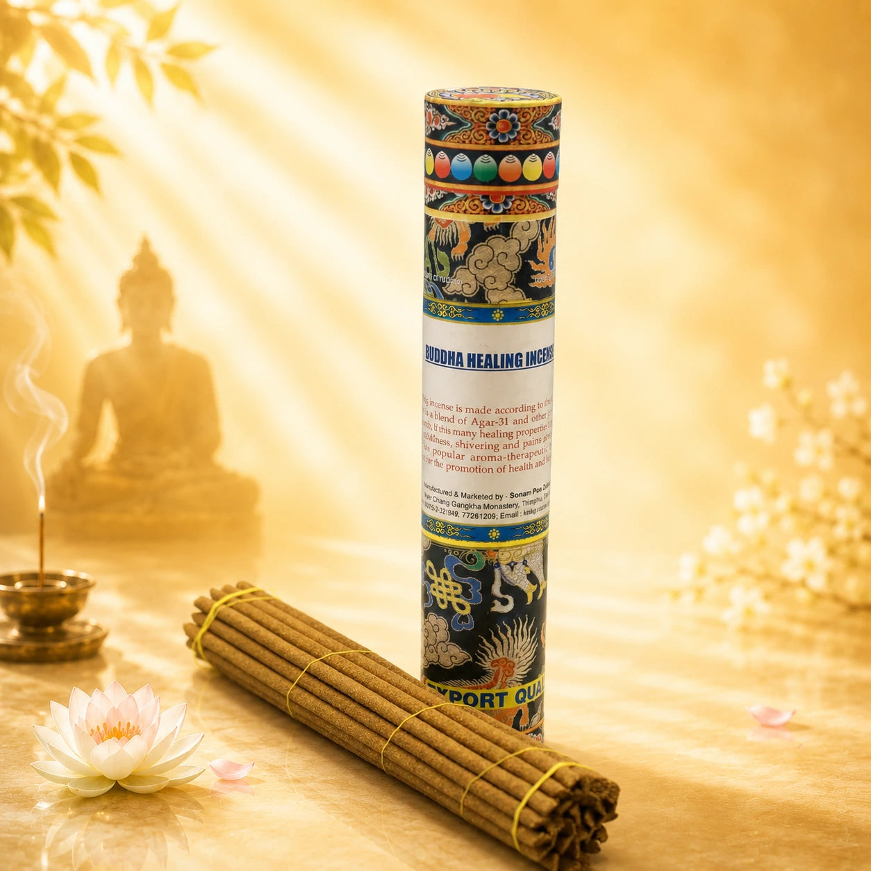 Buddha Healing Incense with Agar-31 displayed with incense sticks, lotus flower and a peaceful Buddha backdrop