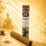 Buddha Healing Incense with Agar-31 displayed with incense sticks, lotus flower and a peaceful Buddha backdrop