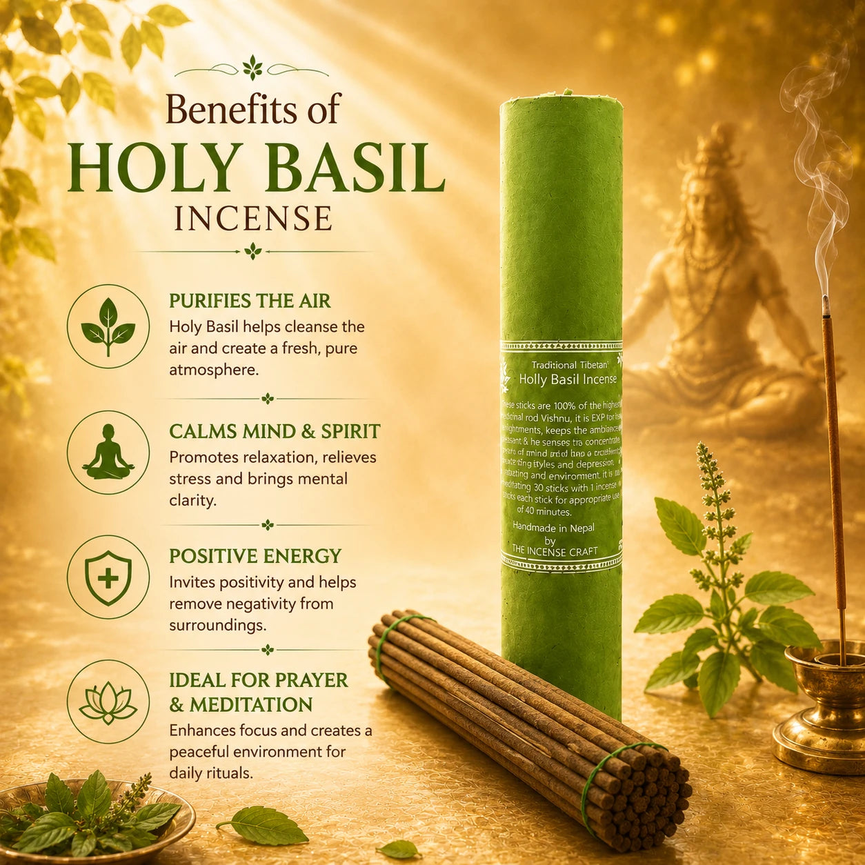Benefits of Holy Basil incense for prayer, meditation, a calming ambience and fresh herbal fragrance