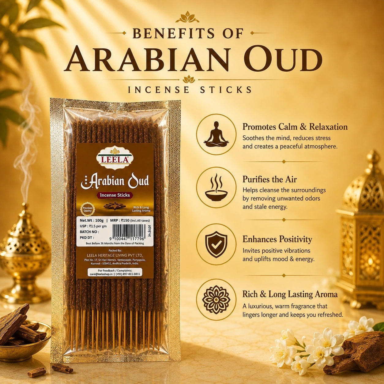 Benefits of Leela Arabian Oud incense sticks for relaxation, fresh ambience and lasting oud fragrance