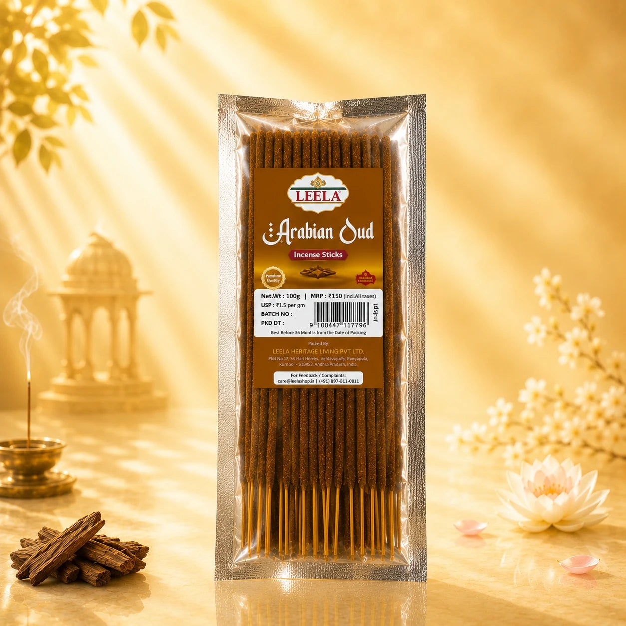 Leela Arabian Oud incense sticks with oud wood and a traditional incense burner