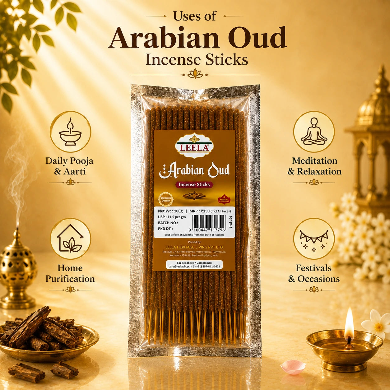 Uses of Leela Arabian Oud incense sticks for puja, meditation, home fragrance and festive occasions