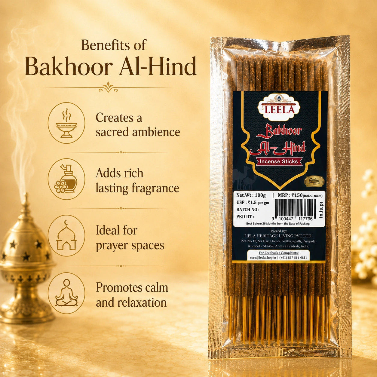 Benefits of Leela Bakhoor Al-Hind incense sticks for sacred ambience, prayer, relaxation and lasting fragrance