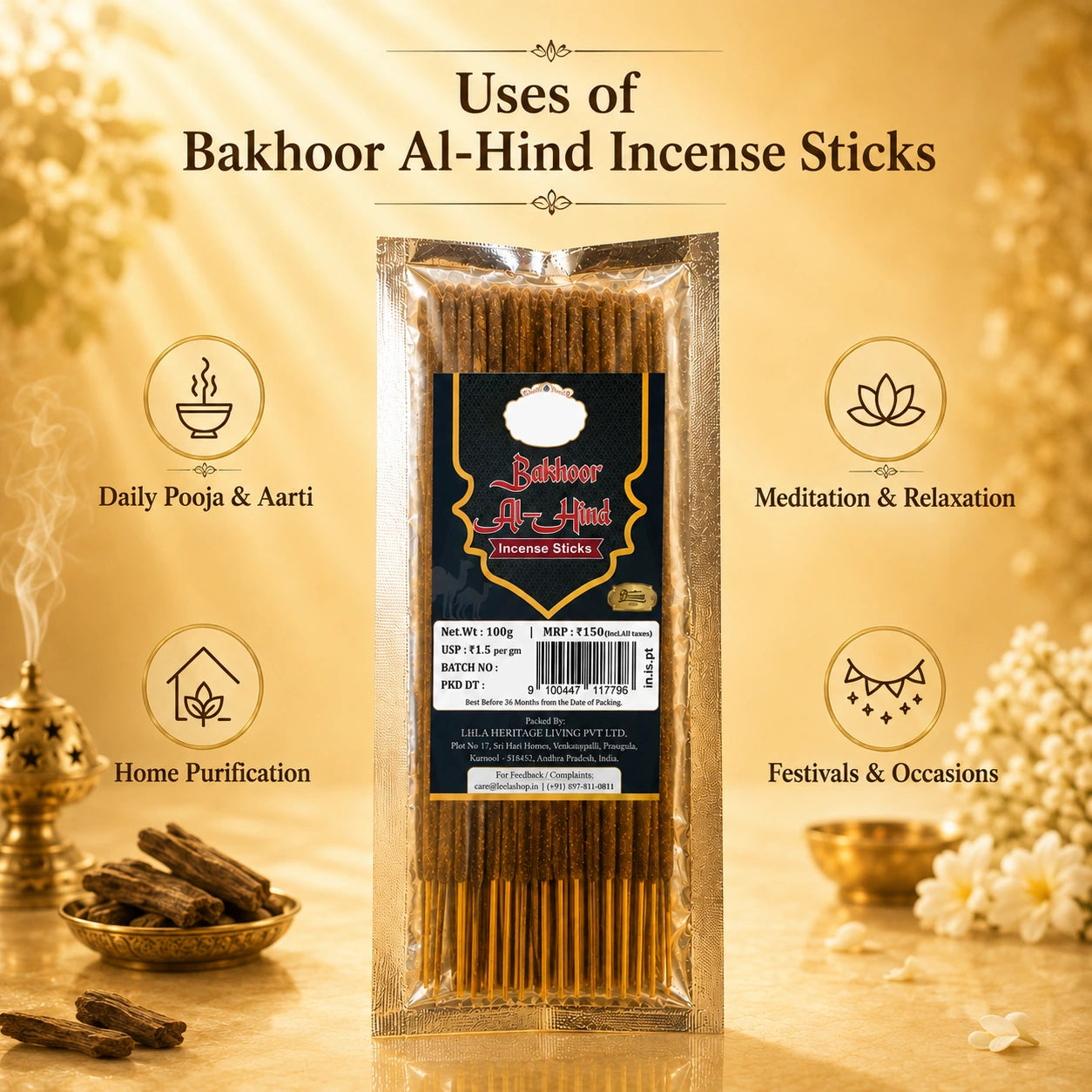 Uses of Leela Bakhoor Al-Hind incense sticks for daily puja, meditation, home fragrance and festive occasions