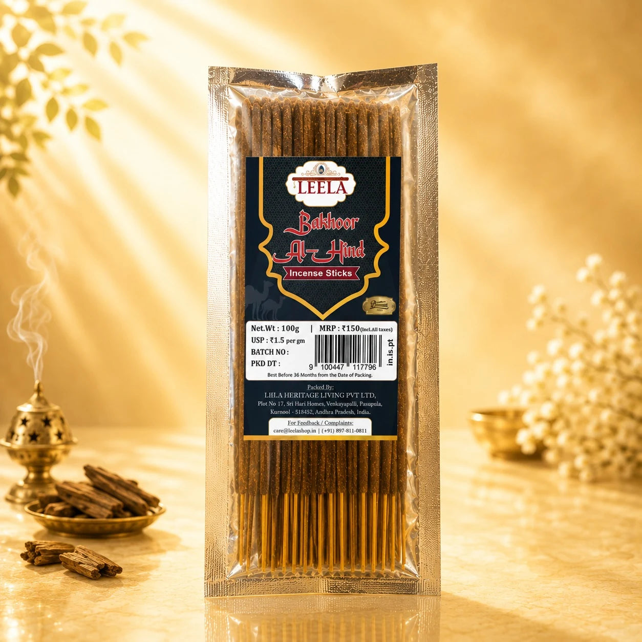 Leela Bakhoor Al-Hind incense sticks with oud wood and a traditional incense burner