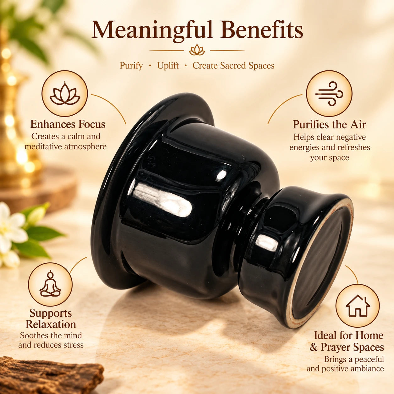 Benefits of Leela Black Ceramic Electric Incense Burner with flameless heating, adjustable temperature and timer control