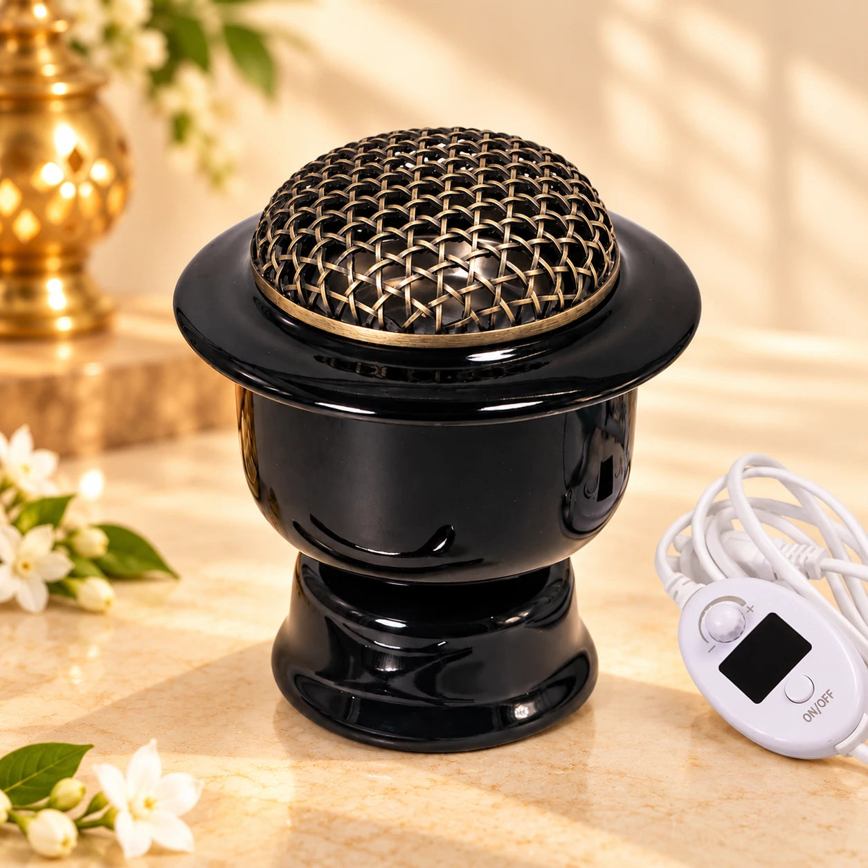 Leela Black Ceramic Electric Incense Burner with timer and adjustable heat for incense resins and home fragrance