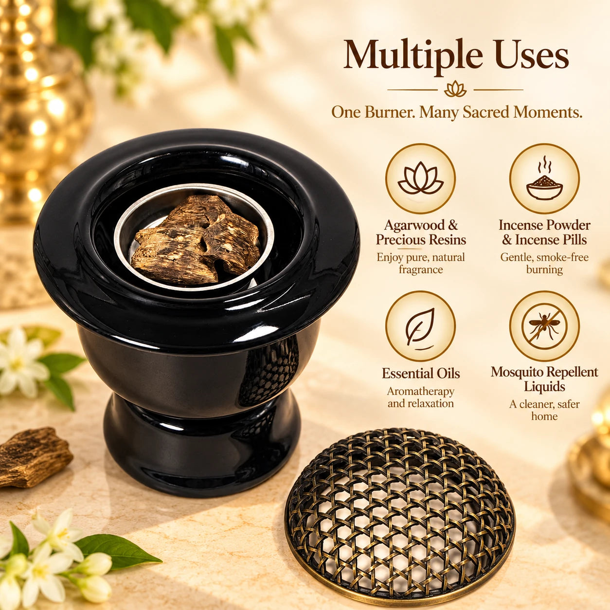 Leela Black Ceramic Electric Incense Burner for agarwood, incense resins, powders and aromatic herbs