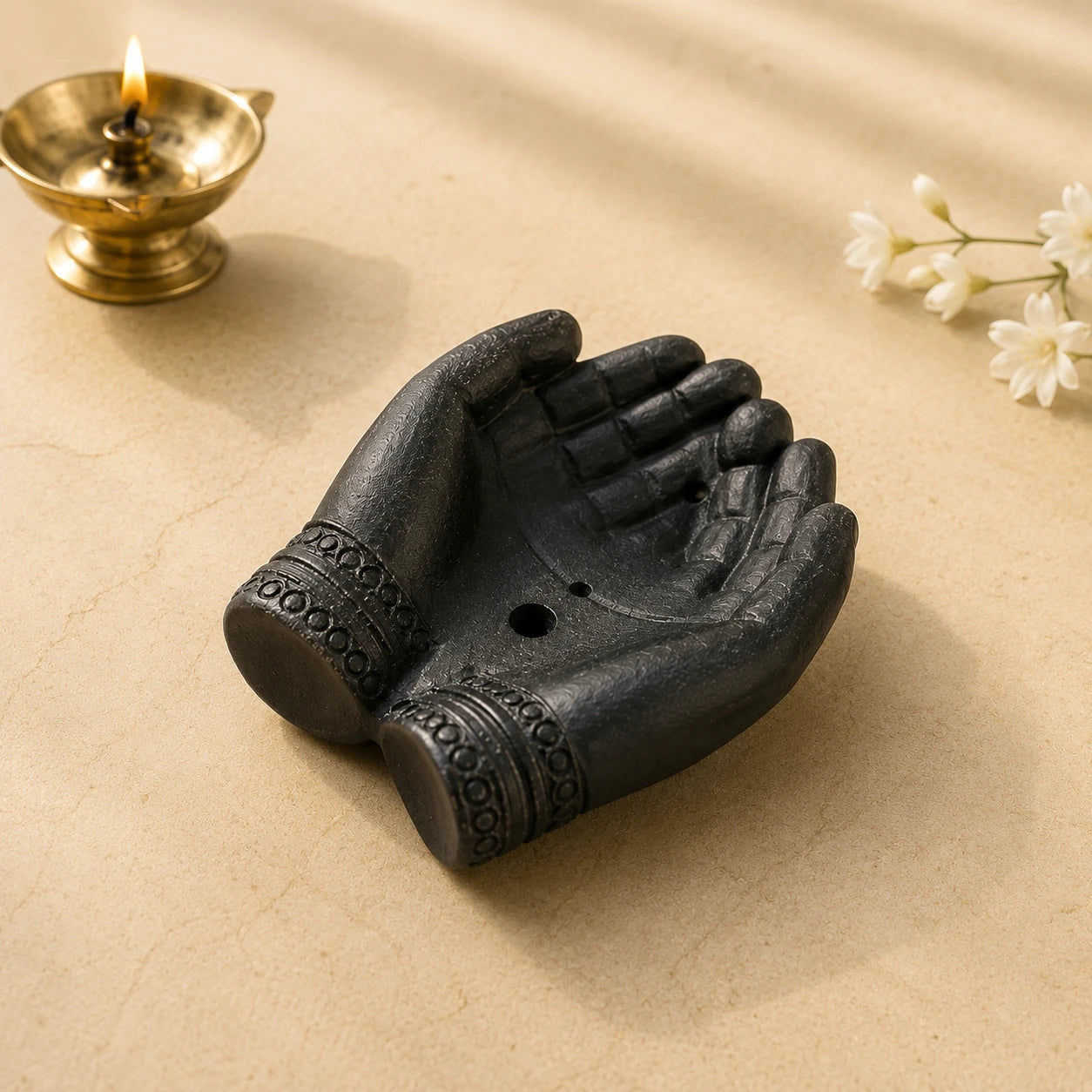 Leela Black Hand-Shaped Terracotta Incense Holder for incense sticks during puja and meditation