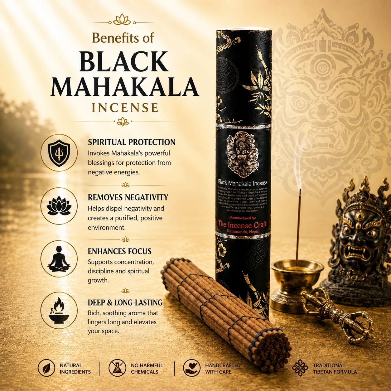 Benefits of Leela Black Mahakala incense for spiritual ambience, meditation, focus and lasting fragrance