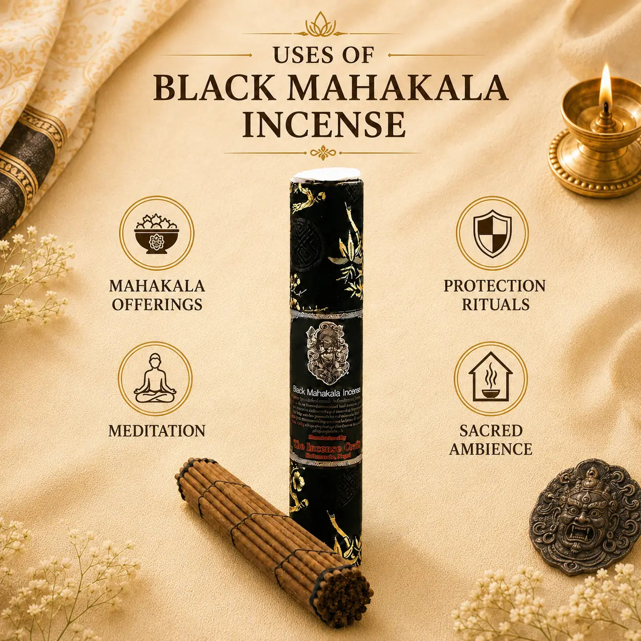 Uses of Leela Black Mahakala incense for offerings, spiritual protection, meditation and sacred ambience