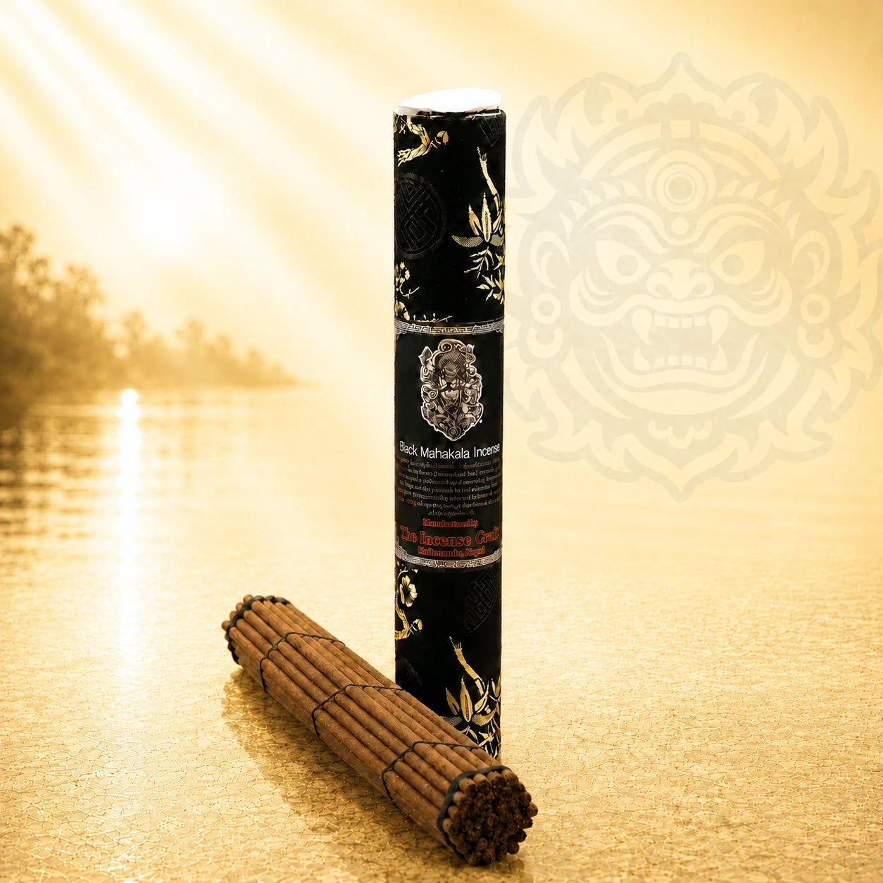 Leela Black Mahakala Tibetan incense with natural incense sticks in a spiritual setting