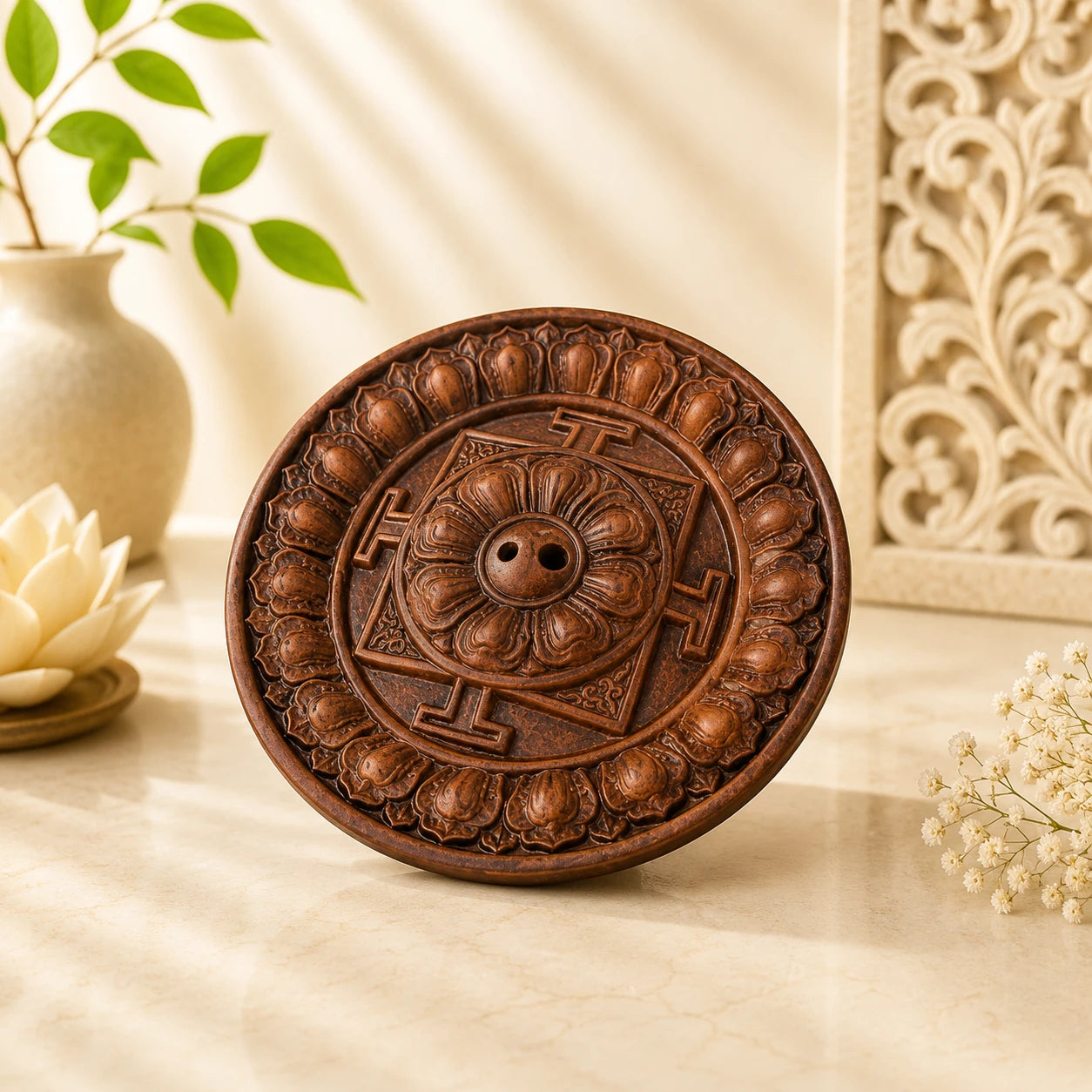 Leela round brown clay incense holder with an intricately carved lotus mandala design and central incense openings