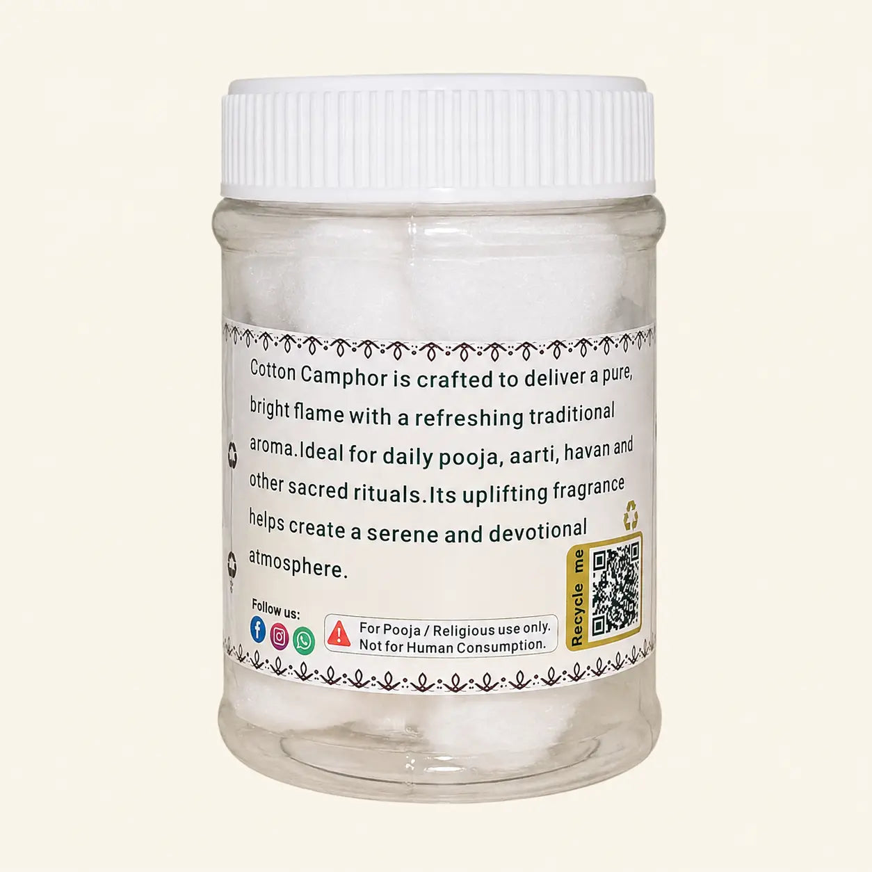 Back label of Leela Cotton Camphor showing product details, ritual uses and a not-for-consumption warning