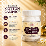 Leela Cotton Camphor benefits infographic describing purity, ritual use, air purification and a long-lasting flame