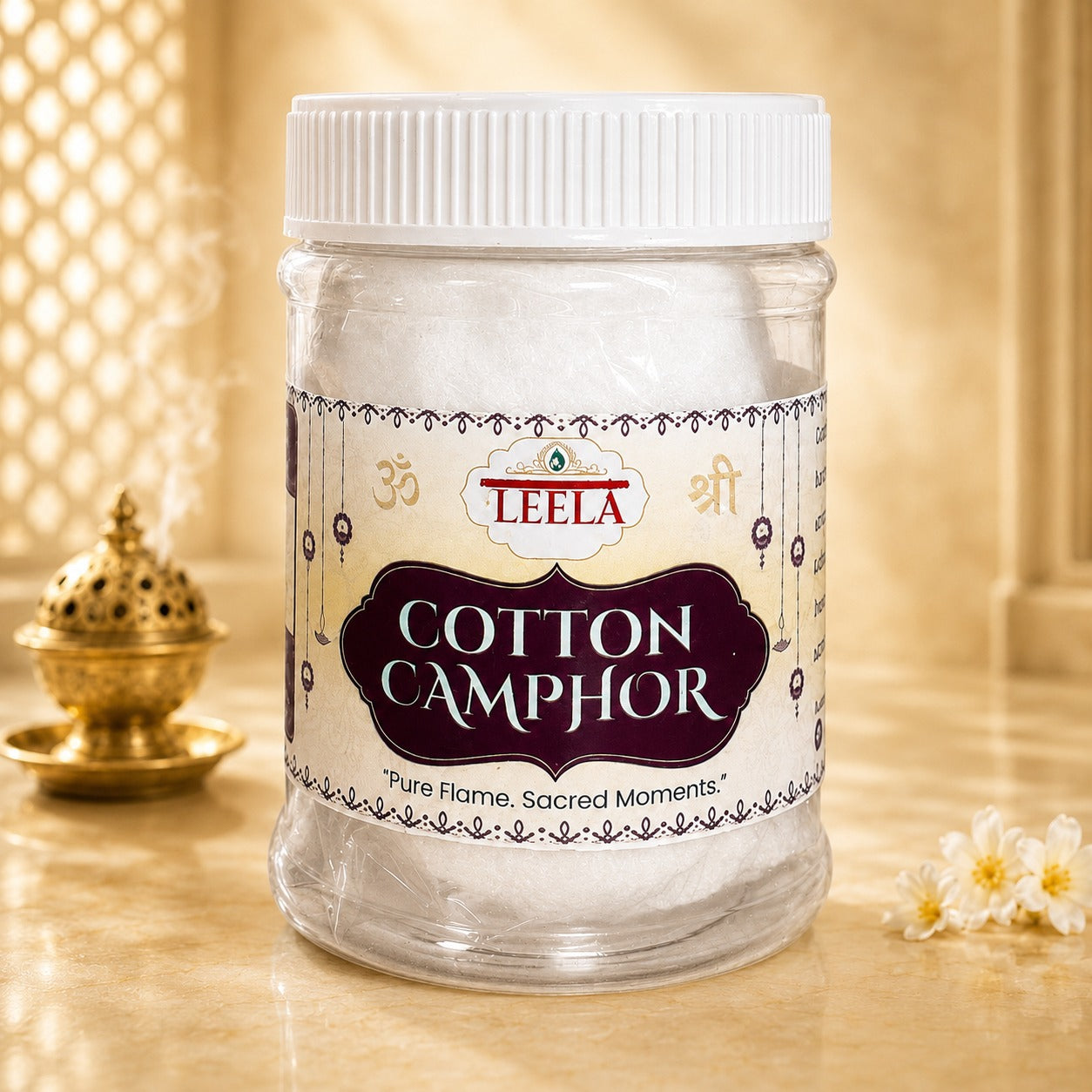 Leela Cotton Camphor for daily puja and aarti, displayed beside a traditional camphor burner