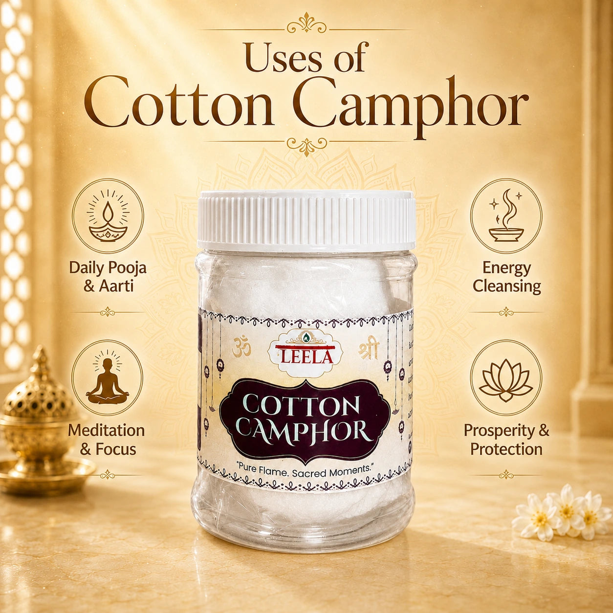 Leela Cotton Camphor infographic listing puja, aarti, meditation, focus, energy cleansing, prosperity and protection