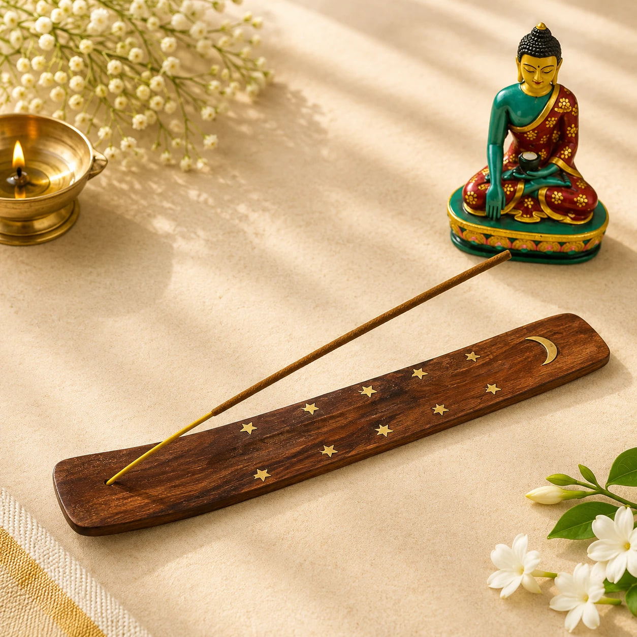 Leela Wooden Incense Stick Holder with crescent moon and star brass inlay for puja and meditation