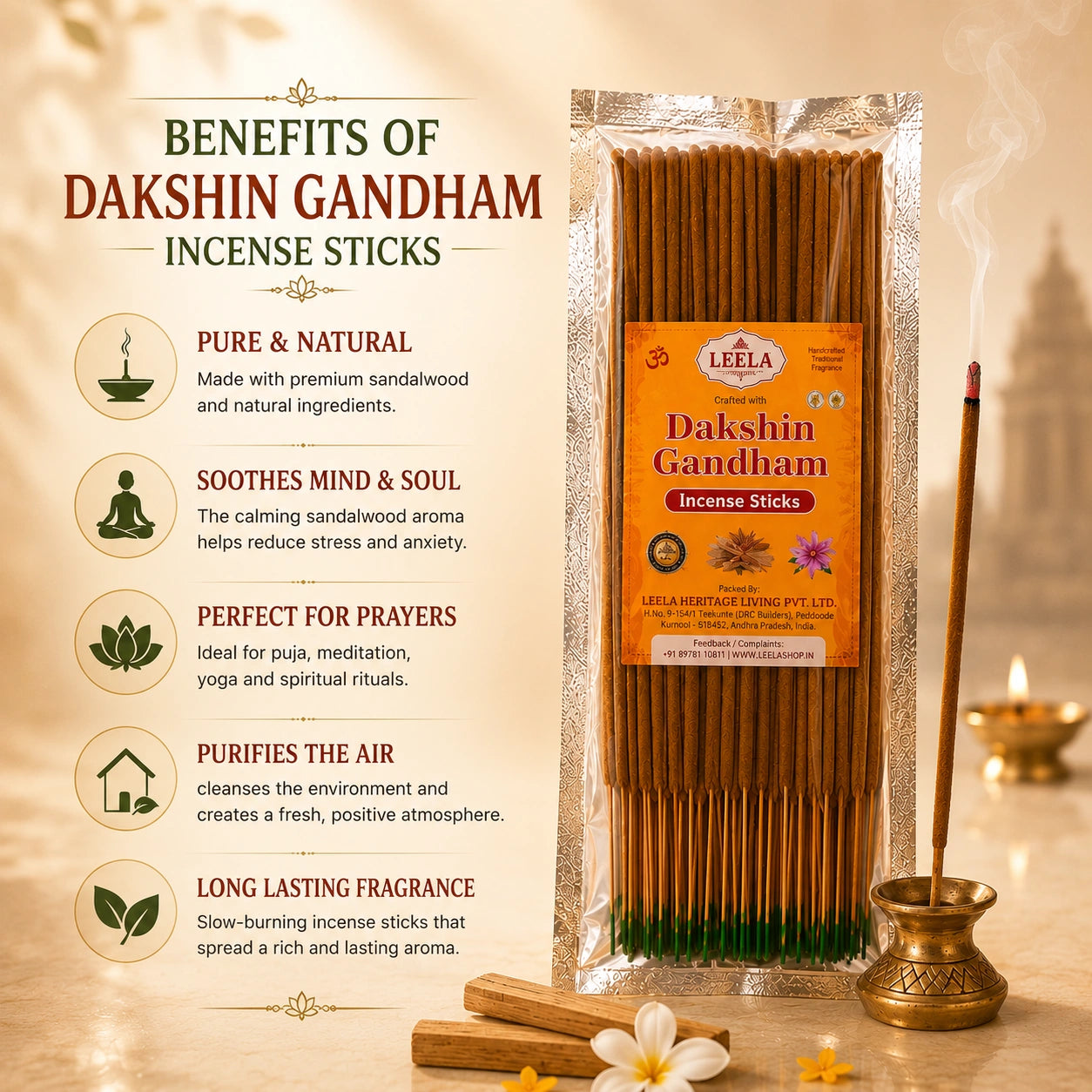 Benefits of Leela Dakshin Gsndham incense sticks for soothing mind, perfect for prayers, meditation, cleansing environment and creating fresh environment