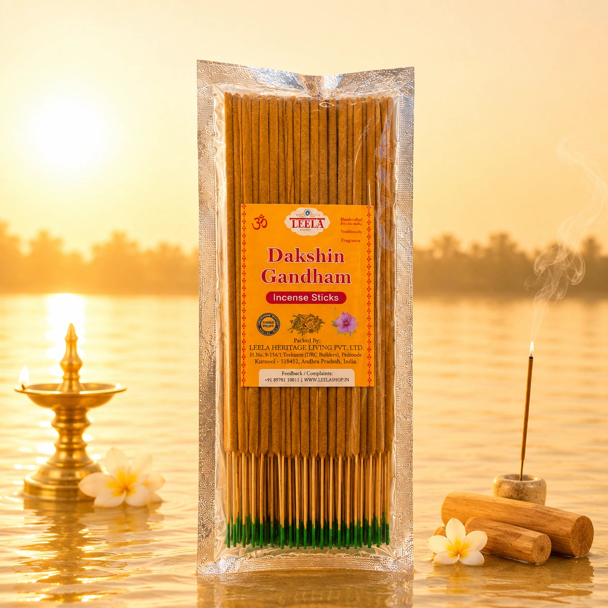 A package of Leela Dakshin Gandham incense sticks for daily puja and aarti