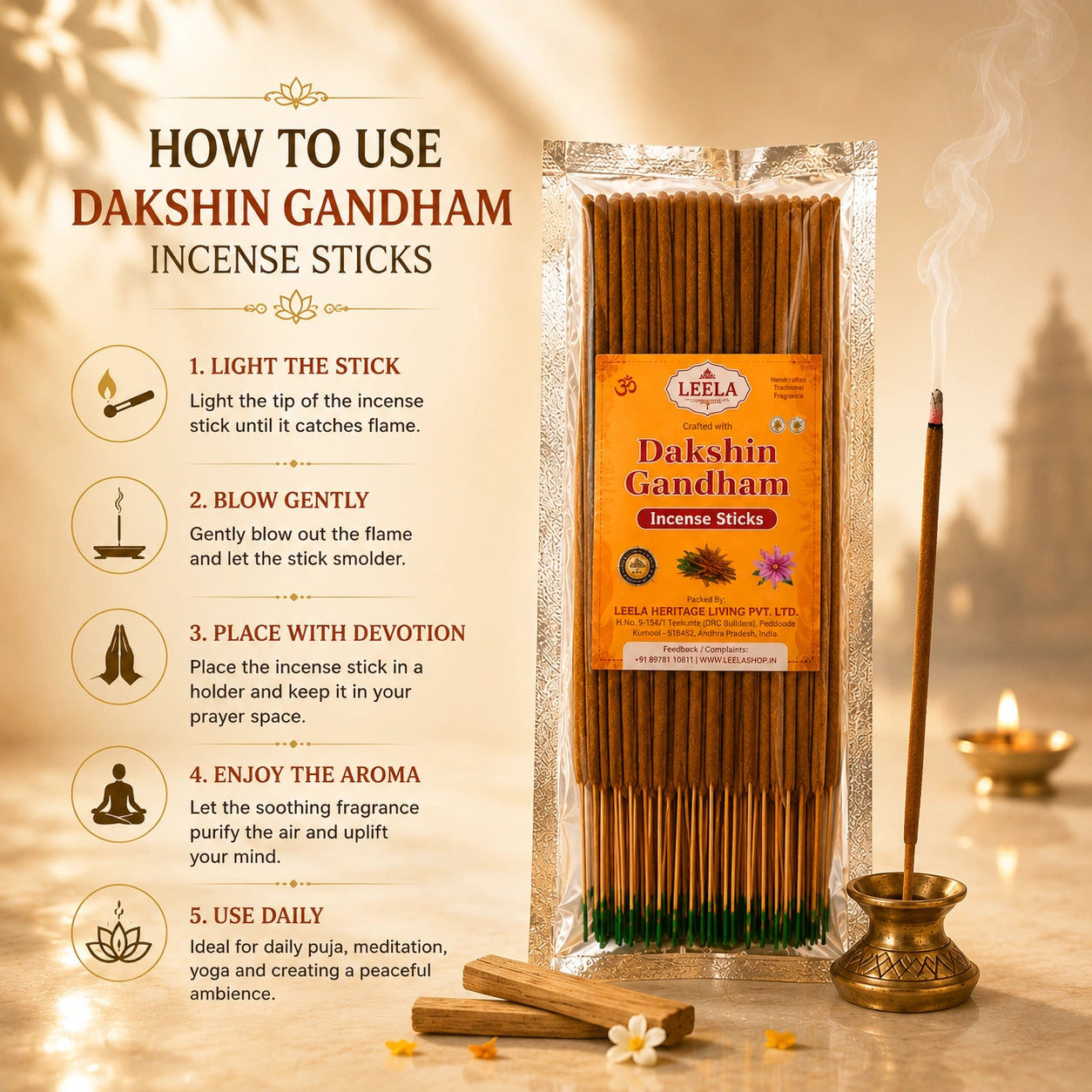 Uses of Leela Dakshin Gandham incense sticks for purifying air, uplifiting mind and ideal for daily puja, meditation and yoga