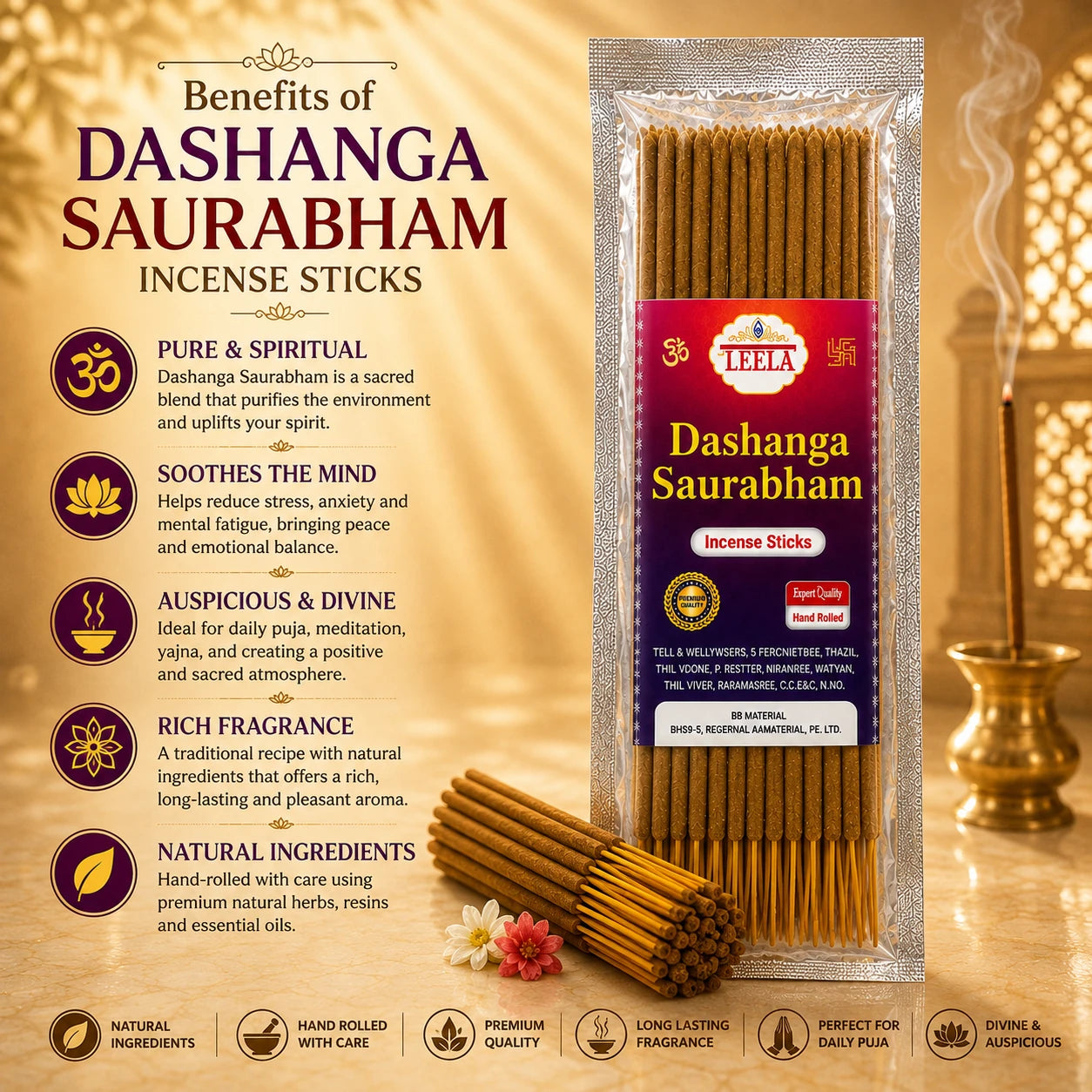 Benefits of Leela Dashanga Saurabham for soothing mind, meditation, yajna, and creating a postive atmosphere