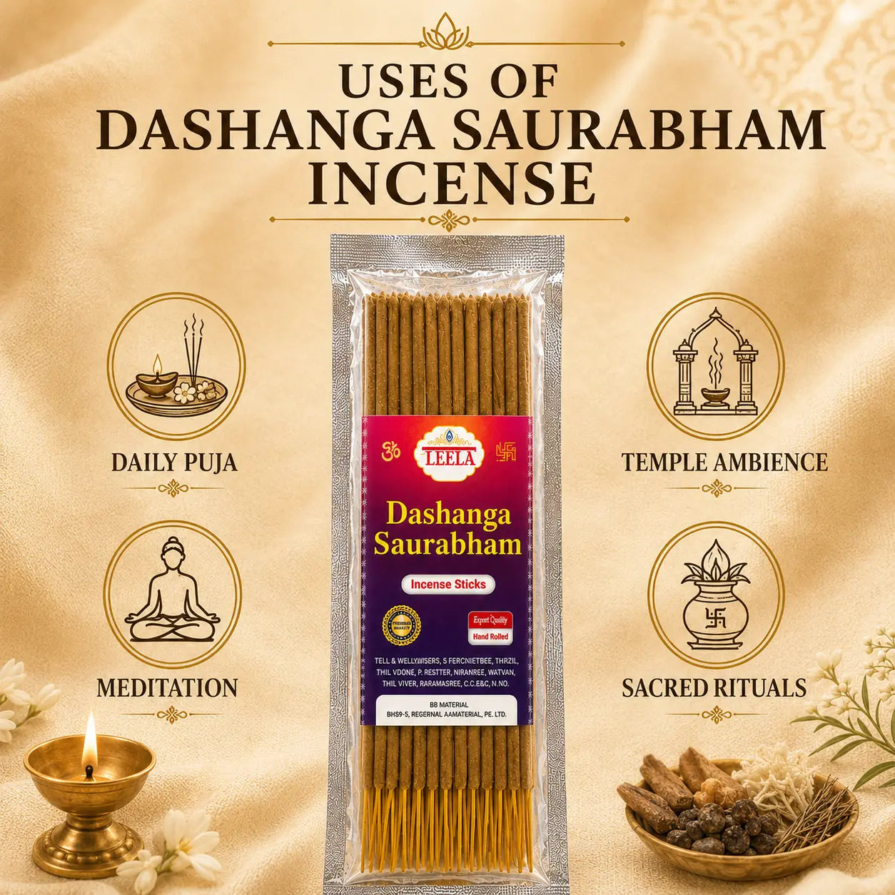 Uses of leela dashanga saurabham incense sticks for daily puja, meditation, temple ambience and sacred ritual