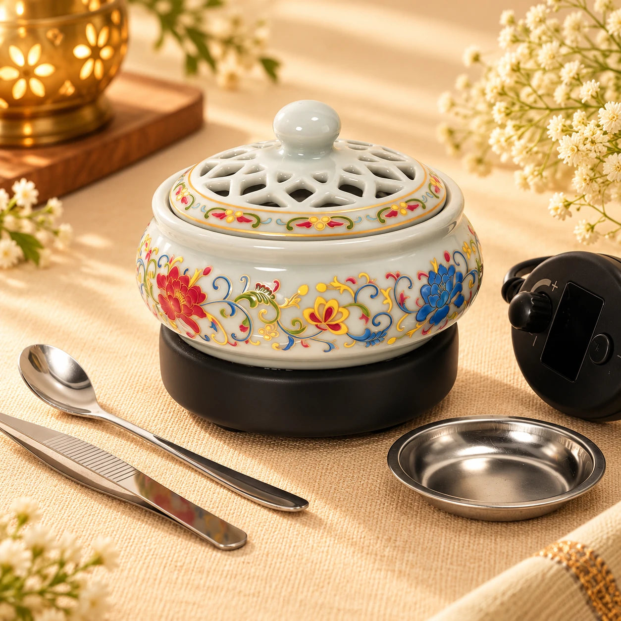 Leela Designer Floral Ceramic Electric Incense Burner with timer and adjustable heat for home fragrance