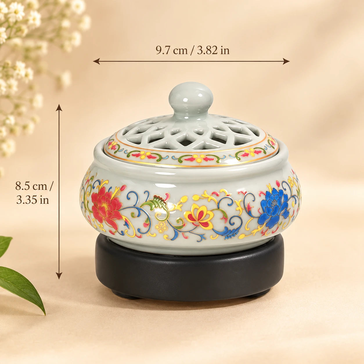 Leela Designer Floral Electric Incense Burner measuring 9.7 cm wide and 8.5 cm high