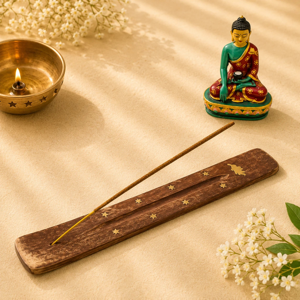 Leela Wooden Incense Stick Holder with elephant and star brass inlay for puja and meditation