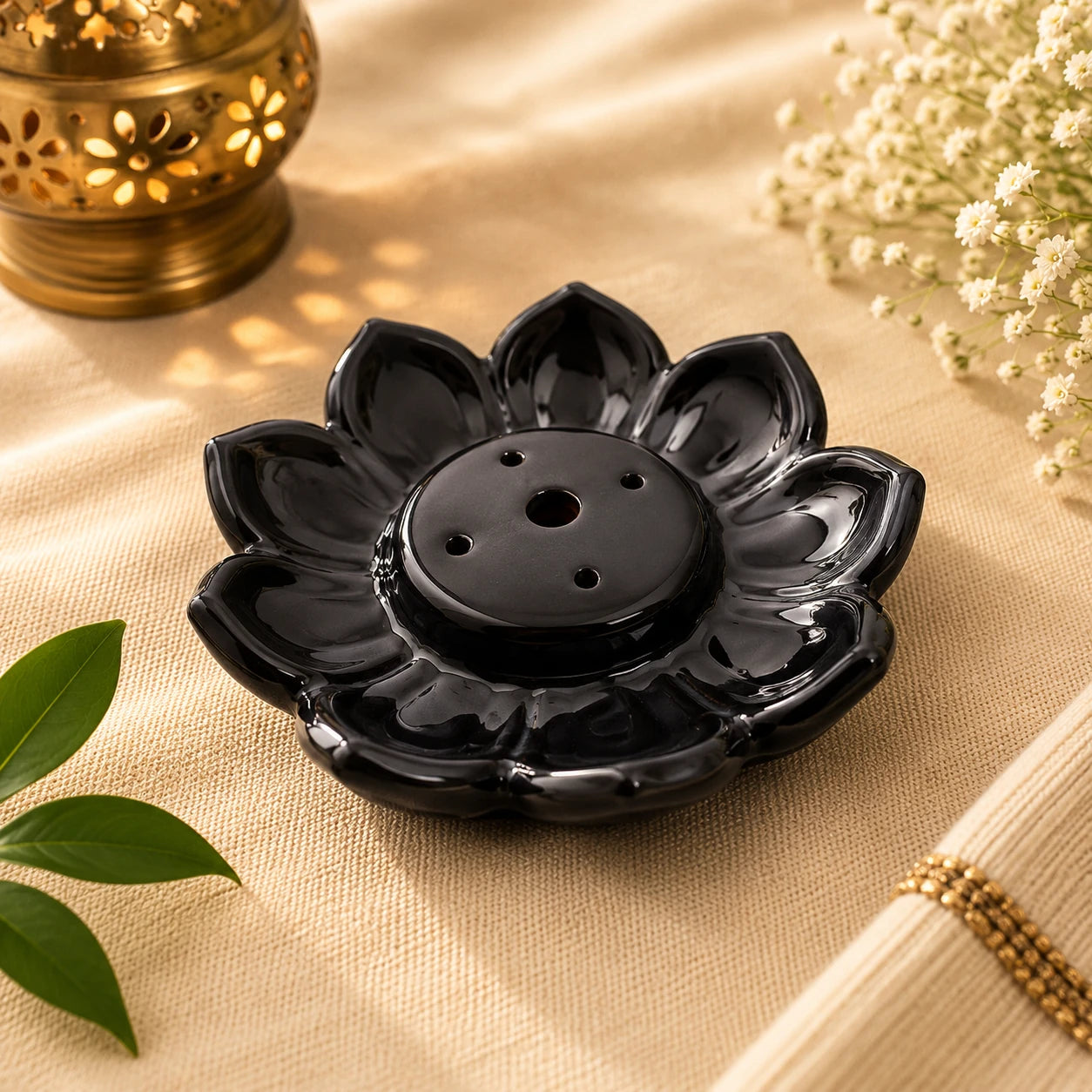 Leela Glossy Black Lotus Ceramic Incense Holder for incense sticks during puja and meditation