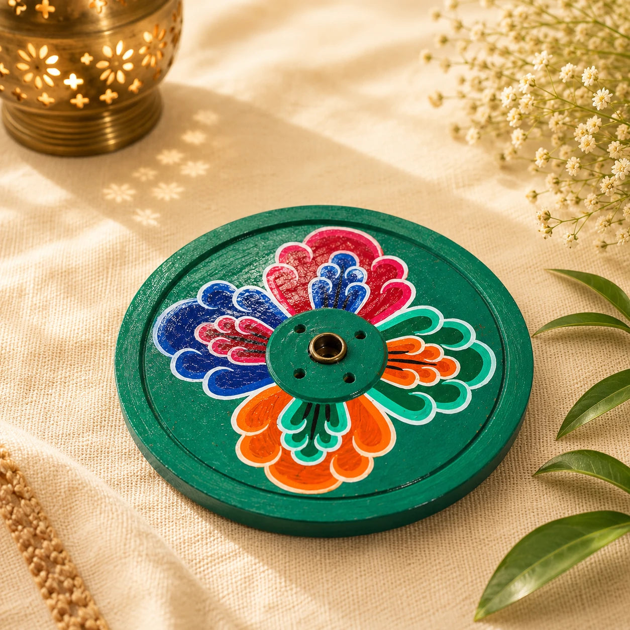 Leela Green Hand-Painted Floral Wooden Incense Holder for incense sticks during puja and meditation