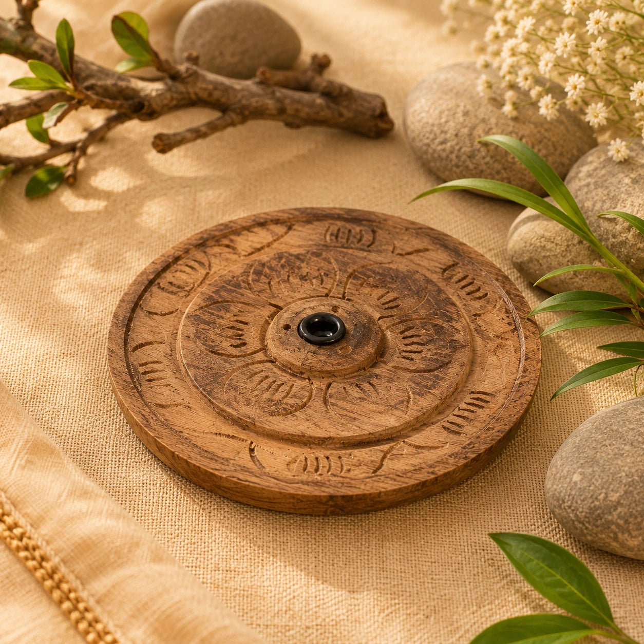 Leela Hand-Carved Lotus Wooden Incense Holder for incense sticks during puja and meditation