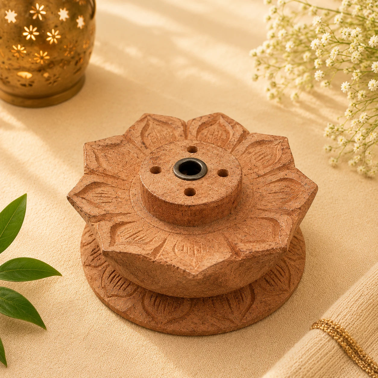 Leela Hand-Carved Tiered Lotus Wooden Incense Holder for incense sticks during puja and meditation