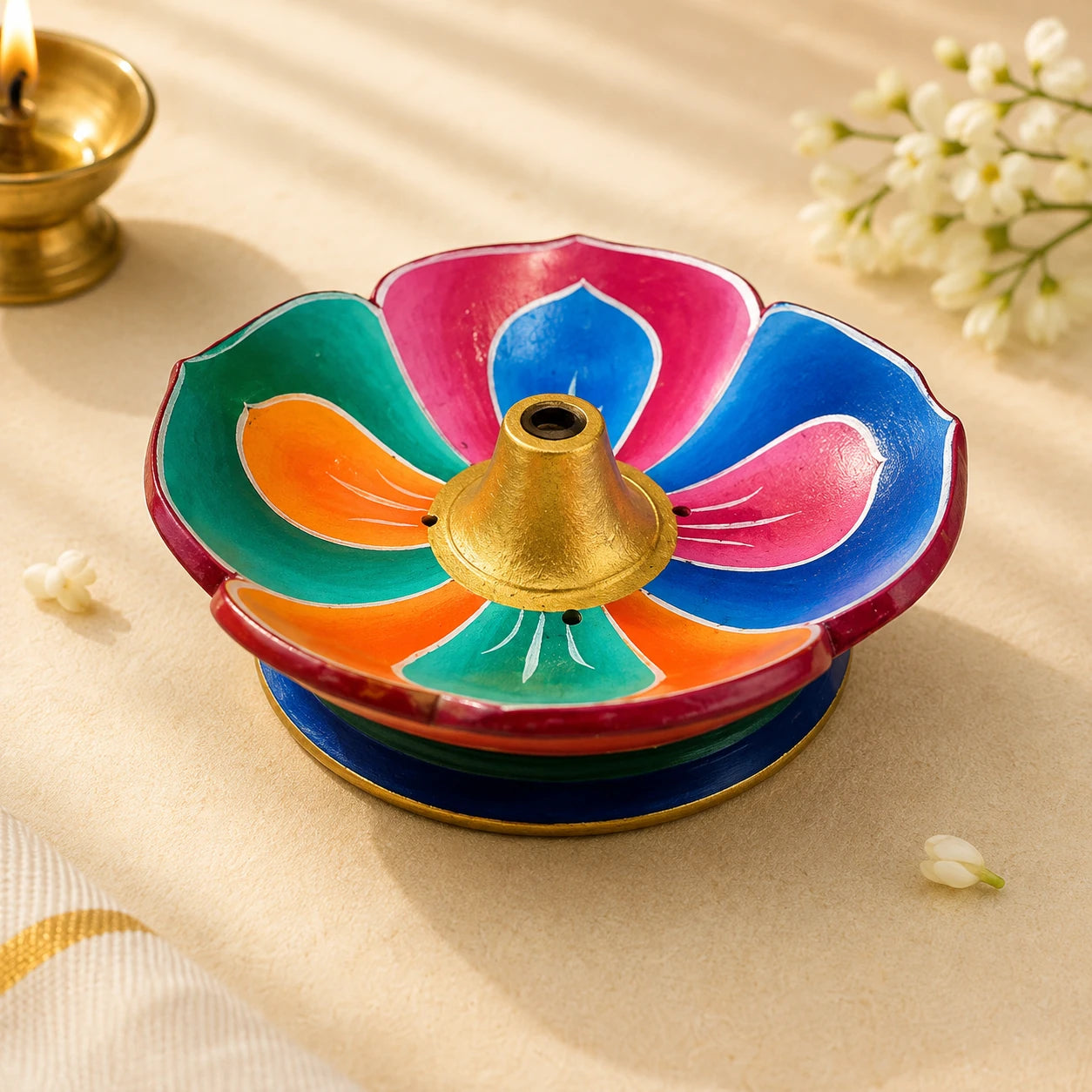 Leela lotus-shaped wooden incense holder with multicolour hand-painted petals and a gold-toned centre