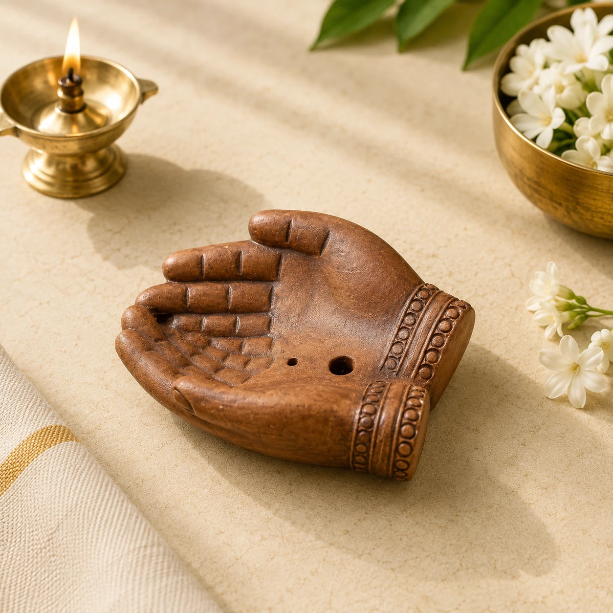 Leela Hand-Shaped Terracotta Incense Holder for incense sticks during puja and meditation