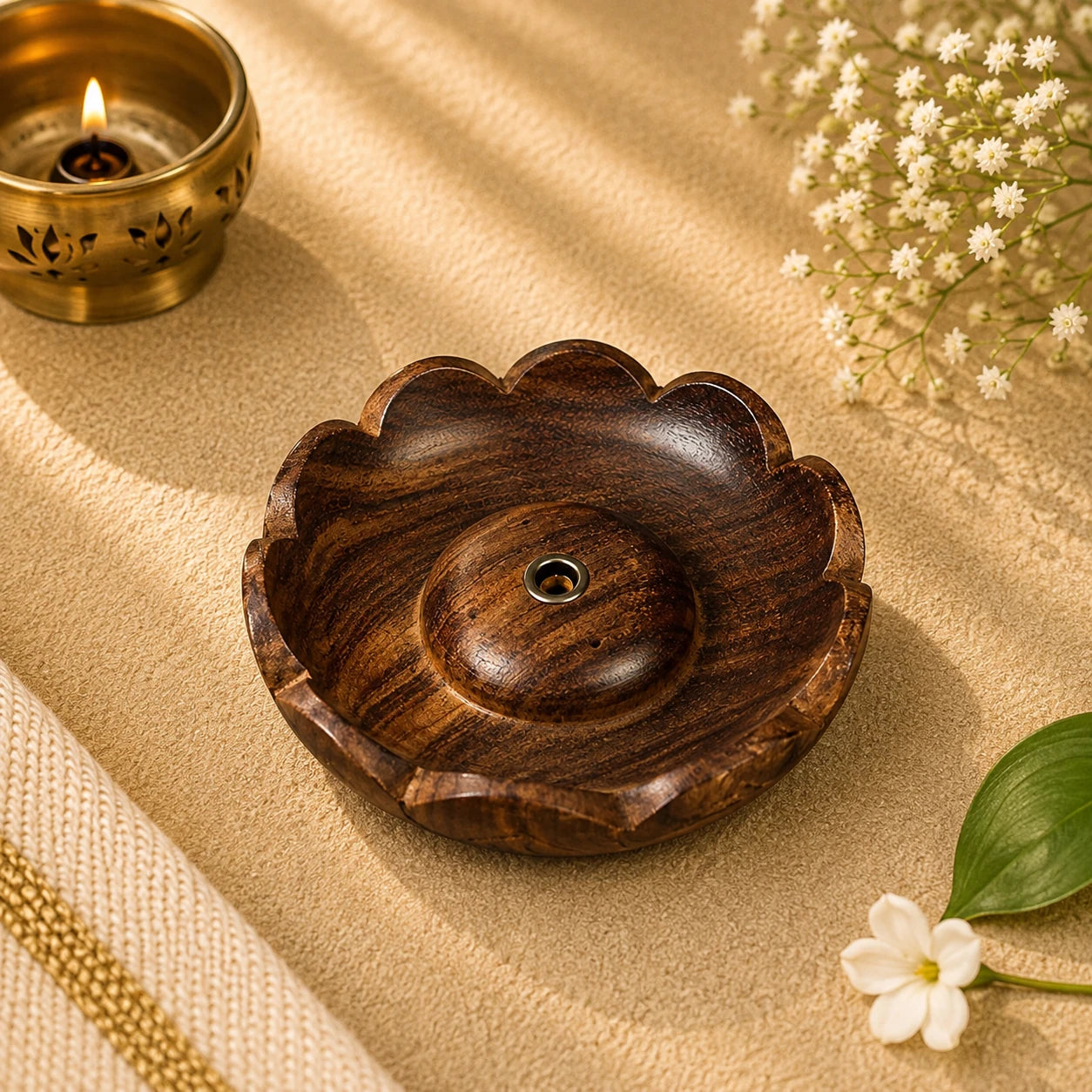 Leela Handcrafted Lotus Wooden Incense Stick Holder with an ash-catching bowl