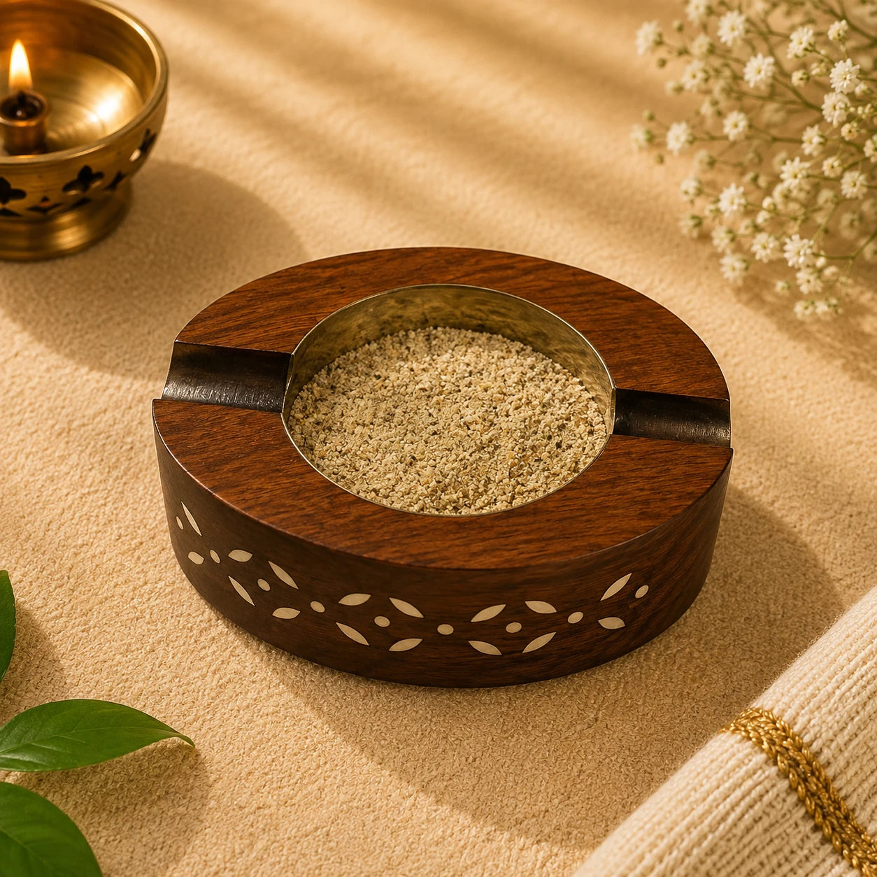 Leela Handcrafted Oval Wooden Incense Holder with floral inlay and an ash bowl for incense sticks