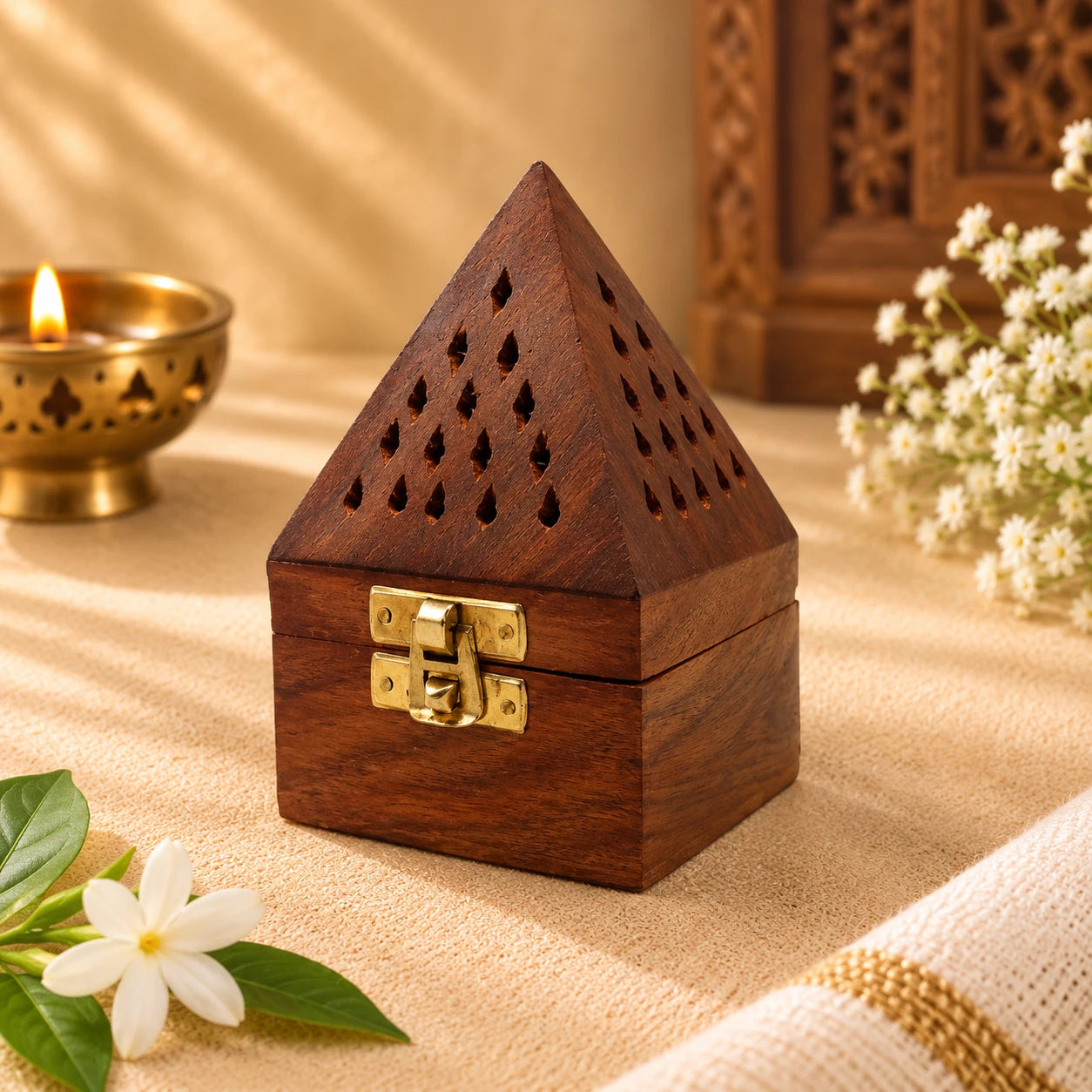 Leela Handcrafted Pyramid Wooden Incense Cone Burner with a perforated lid for home fragrance