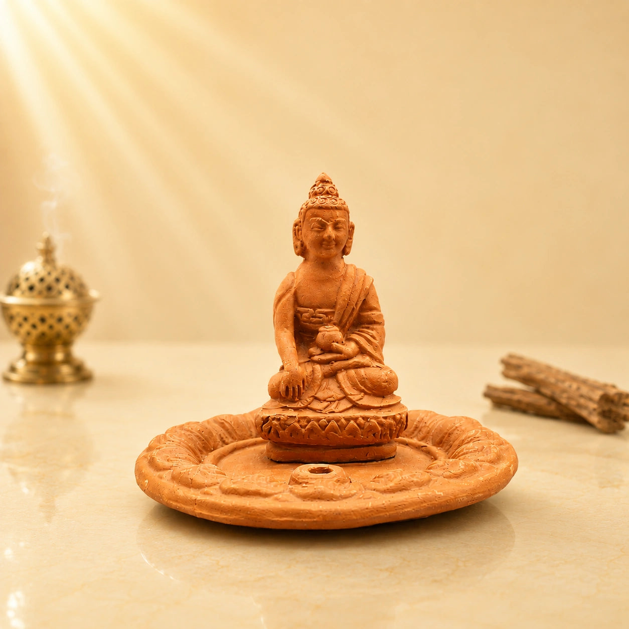 Leela Handmade Terracotta Buddha Incense Holder with lotus-shaped ash-catching plate