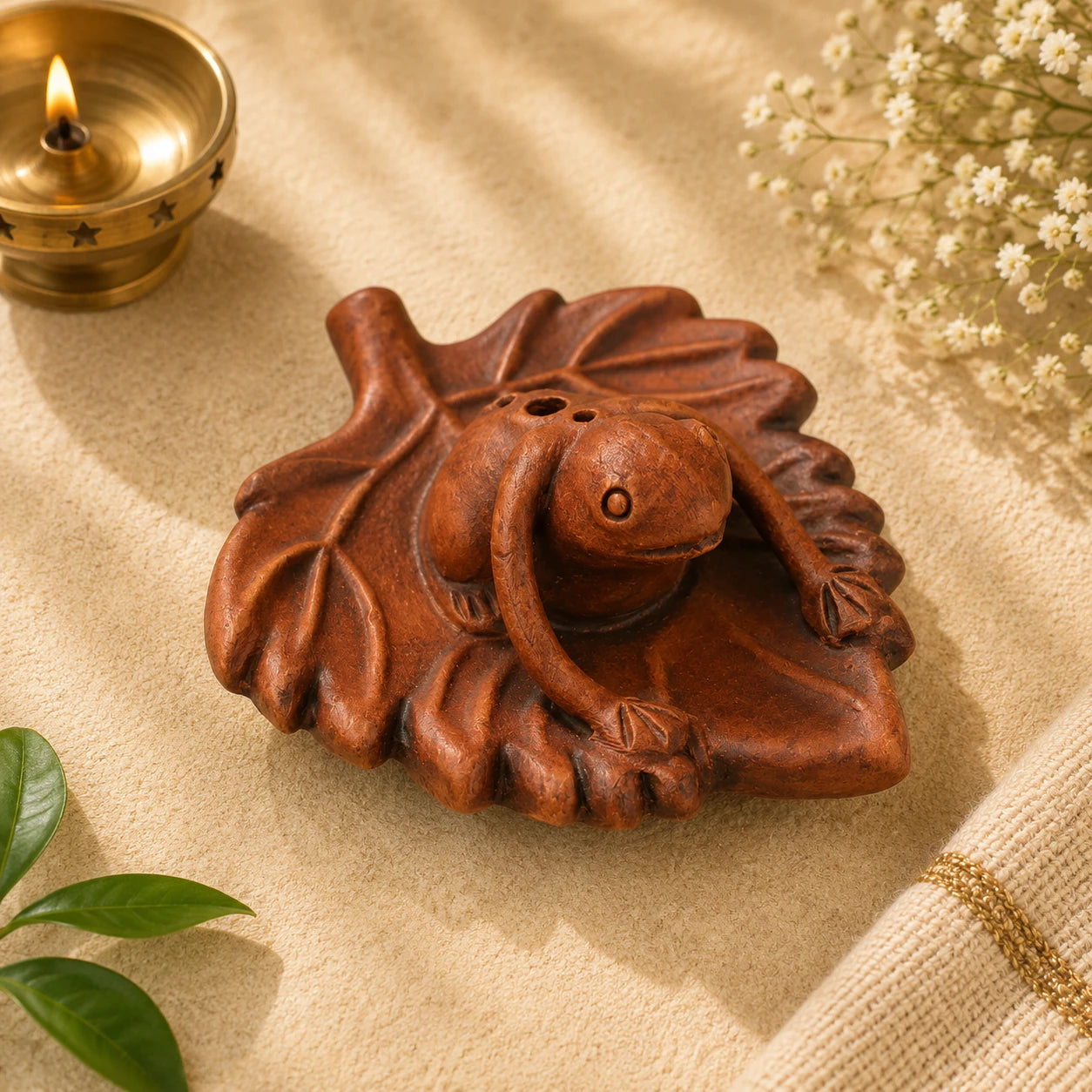 Leela Handmade Terracotta Frog-on-Leaf Incense Holder with an ash-catching leaf tray