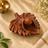 Leela Handmade Terracotta Frog-on-Leaf Incense Holder with an ash-catching leaf tray