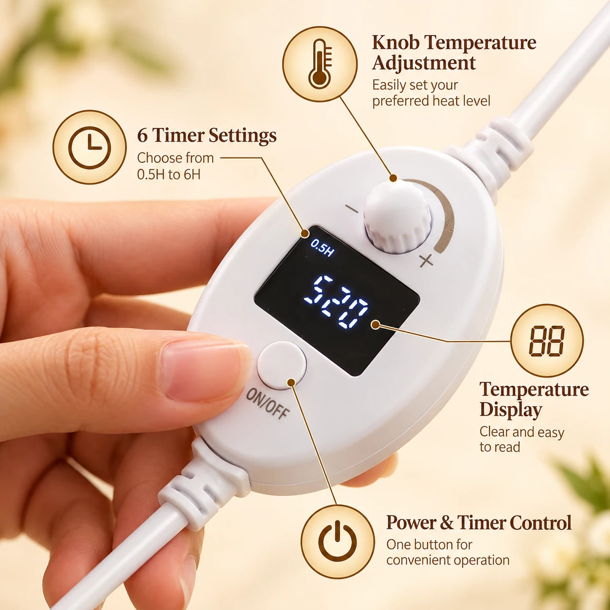 Close-up of Leela Lotus Electric Incense Burner controller featuring adjustable temperature, six timer settings, digital timer display and power button