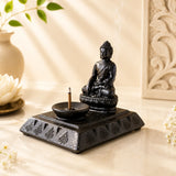 Leela dark terracotta incense burner featuring a meditating Buddha statue and a separate incense-stick bowl on a carved rectangular base