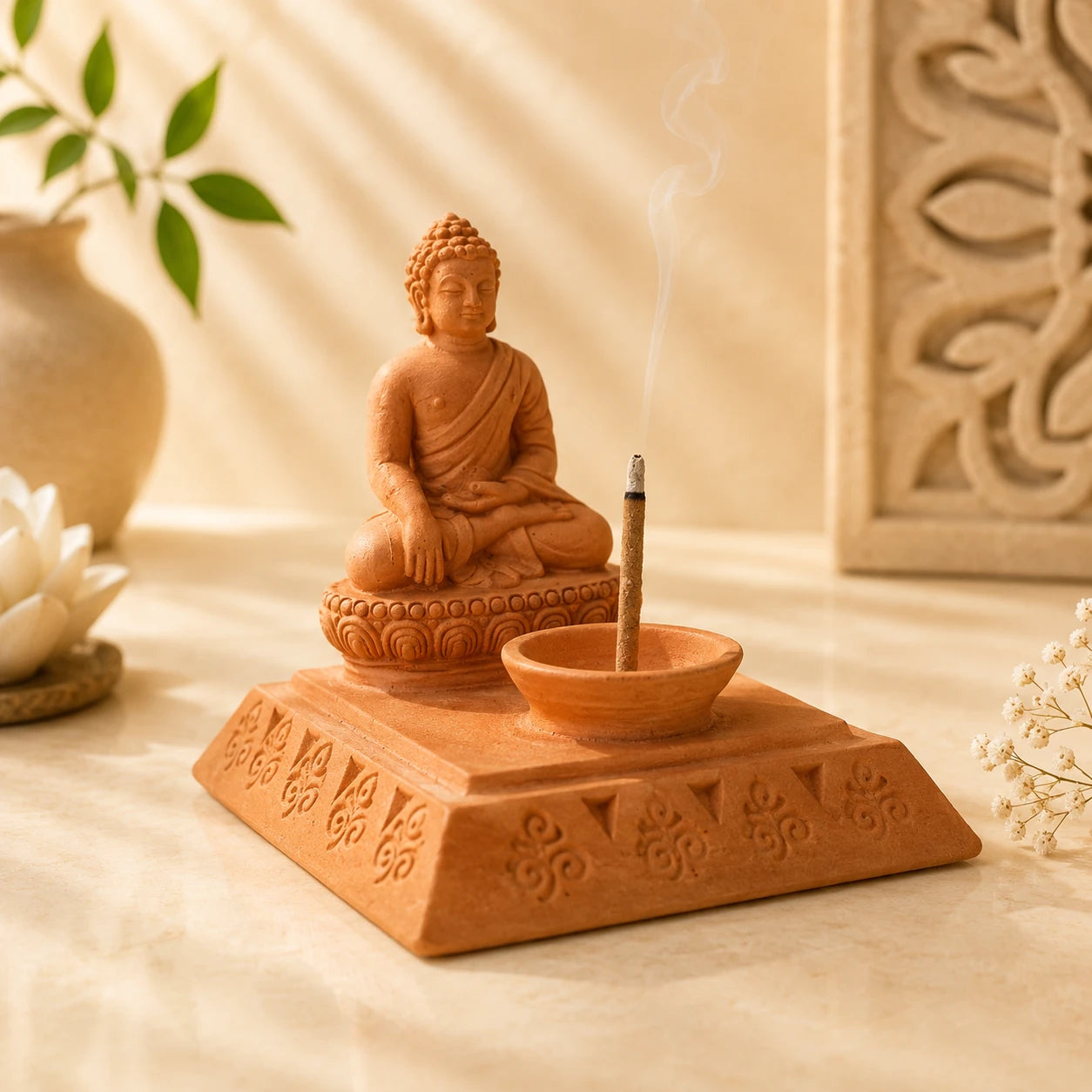 Leela terracotta incense burner featuring a meditating Buddha statue and a separate incense-stick bowl on a carved rectangular base