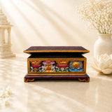 Leela mini wooden Ashtamangala incense burner box with a dark maroon lid and colourful hand-painted Tibetan motifs