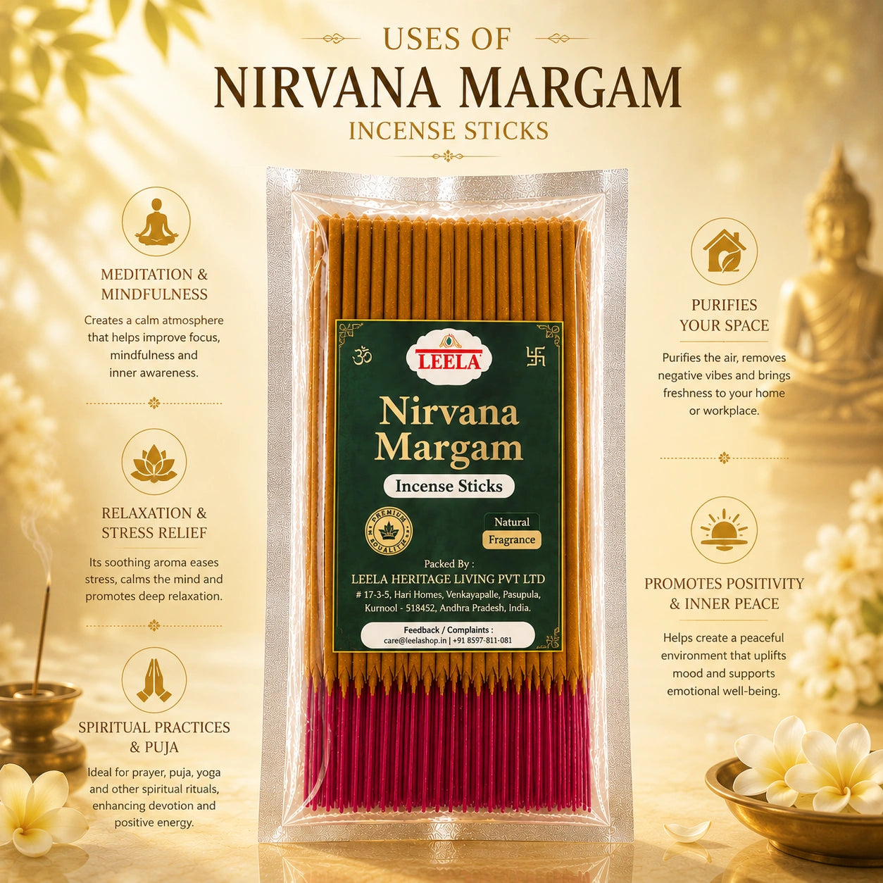 Uses of Nirvana Margam incense sticks for meditation, relaxation, purifying space and perfect for home and temple usage