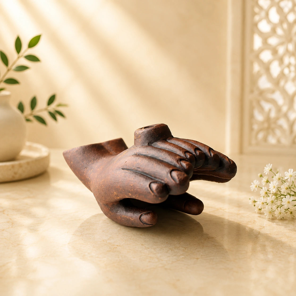 Leela dark brown clay incense burner sculpted as two offering hands, displayed on a warm beige surface.